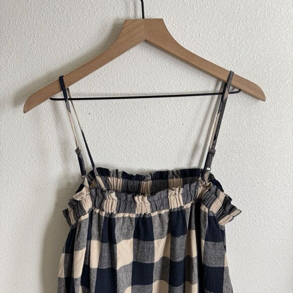 Grade & Gather Dress Womens Small Navy Buffalo Check Linen Beachy Boho Coastal - Picture 2 of 15
